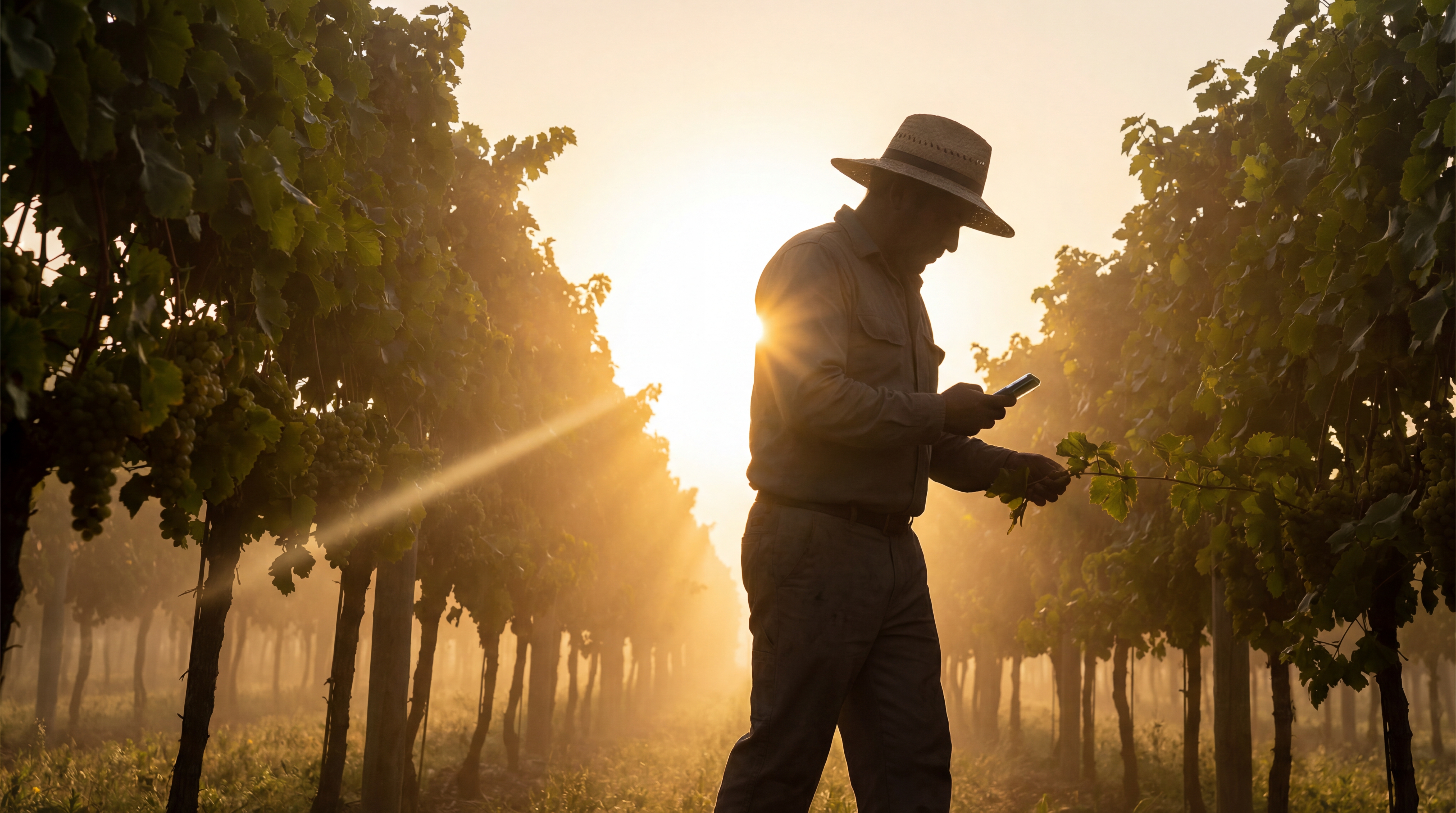 Winemaker checking vines